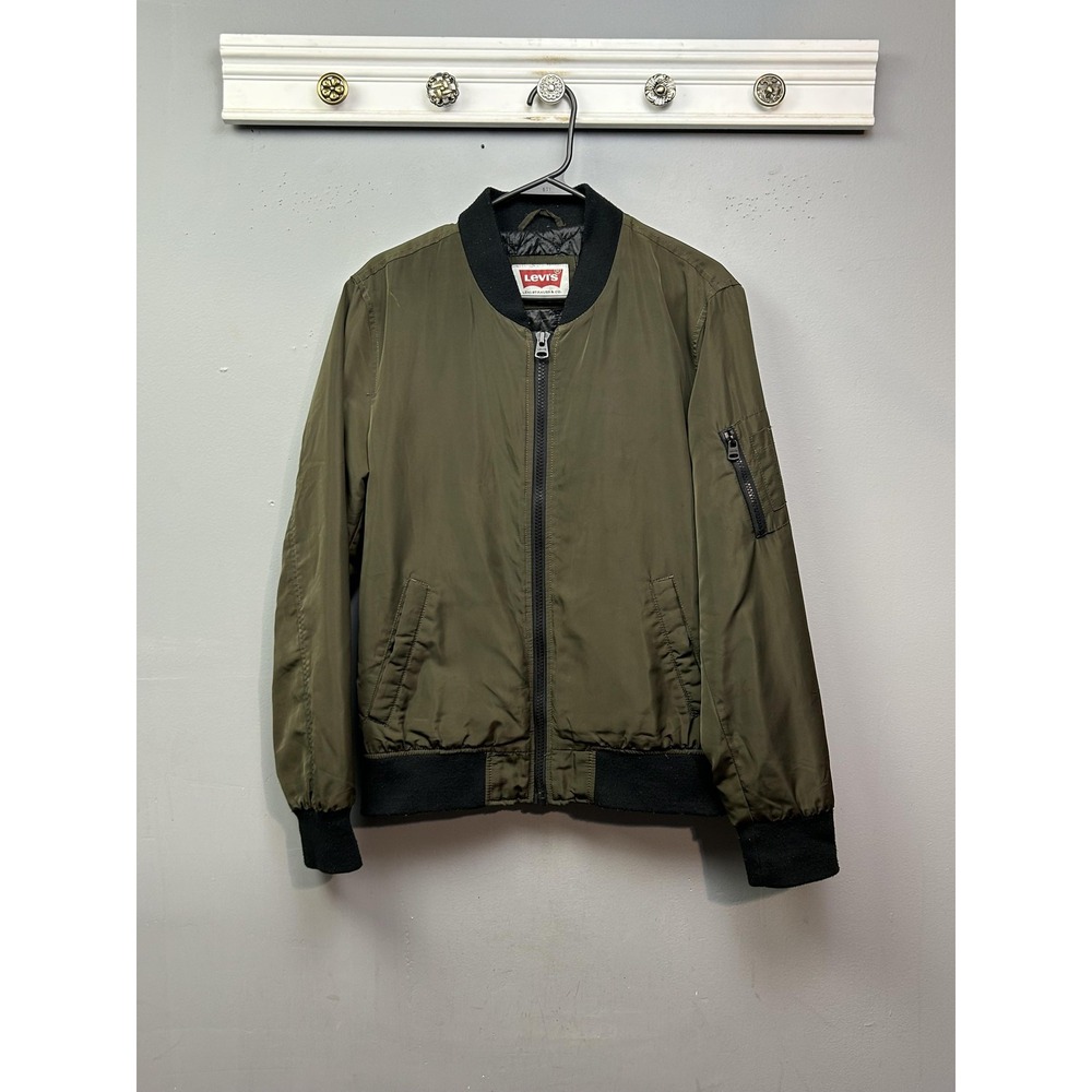 Levis Bomber Jacket Mens Small Olive Green Flight Zip Pocket Quilted Lined MA-1